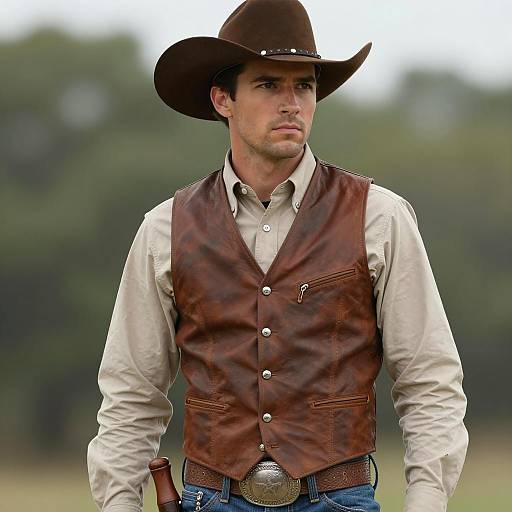 Cowboy in Brown Leather Vest and Hat