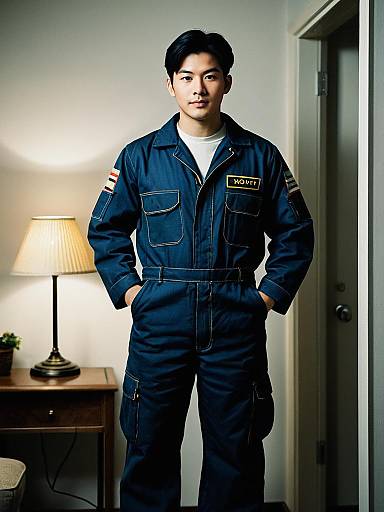 Man in Blue Coveralls Standing Indoors