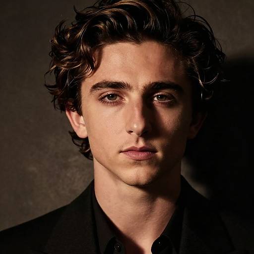 Photograph of a young man with wavy brown hair, fair skin, and intense gaze, wearing a black shirt, against a dark background.
