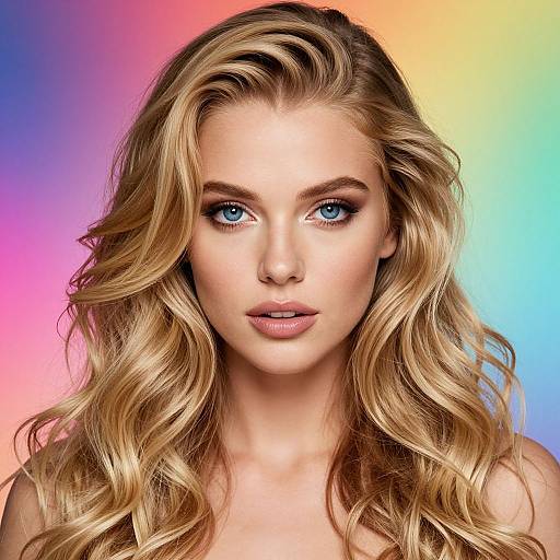 Photograph of a beautiful blonde woman with blue eyes, wavy hair, and a neutral expression, against a vibrant rainbow gradient background.