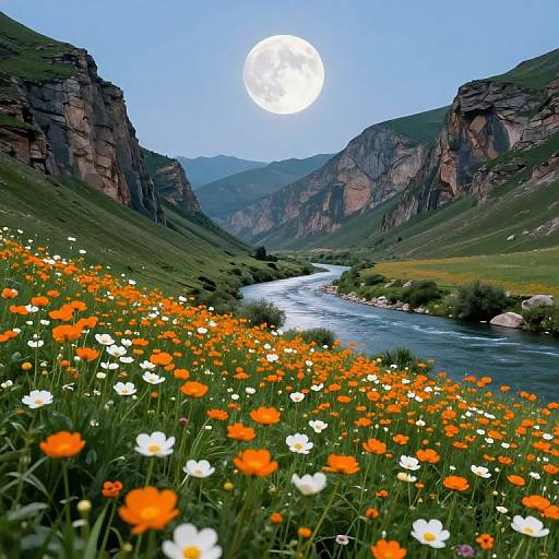 Photograph of a vibrant valley with a river, steep green hills, and a full moon in the clear sky. Foreground features a colorful field of