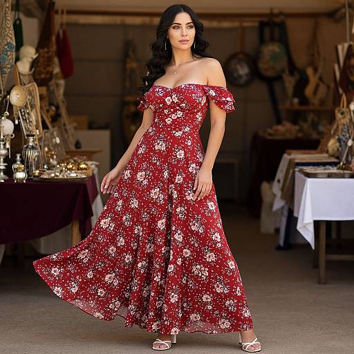 Photograph of a dark-haired woman in a red, off-shoulder, floral dress, standing in a vintage market stall with lit candles and antique