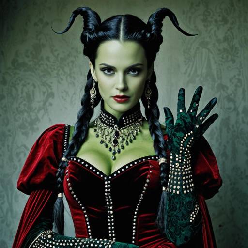 Elegant Wicked Witch in Red Velvet Gown