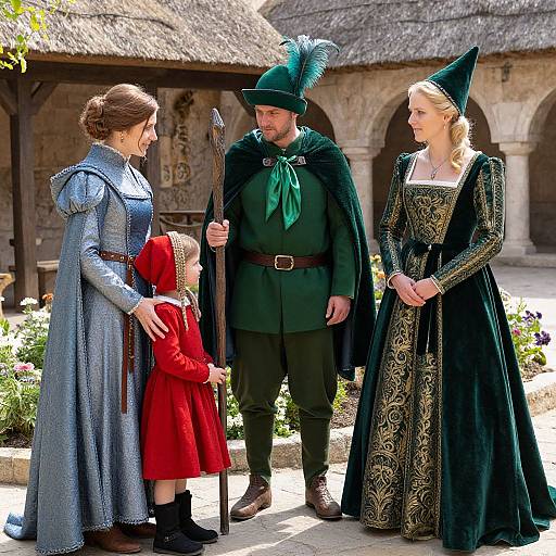 Photograph of a medieval family in Renaissance attire: father in green with feathered hat, mother in blue, daughter in red, and blonde sister in