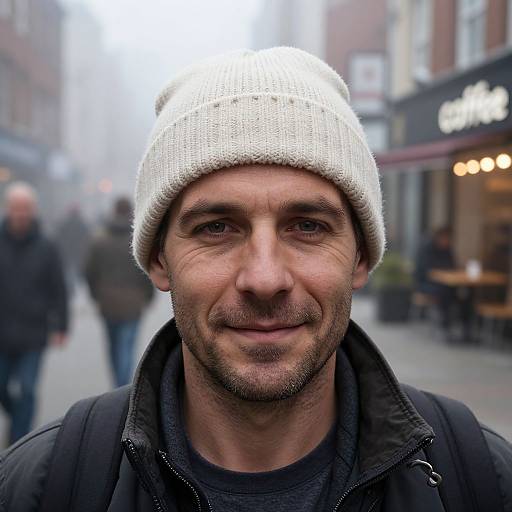 Photograph of a smiling middle-aged man with light skin, brown eyes, and short brown hair, wearing a white knit beanie and black jacket,