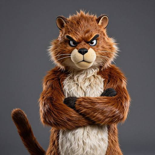 CGI image of an angry, anthropomorphic brown and white ferret with crossed arms, fierce expression, and dark background.