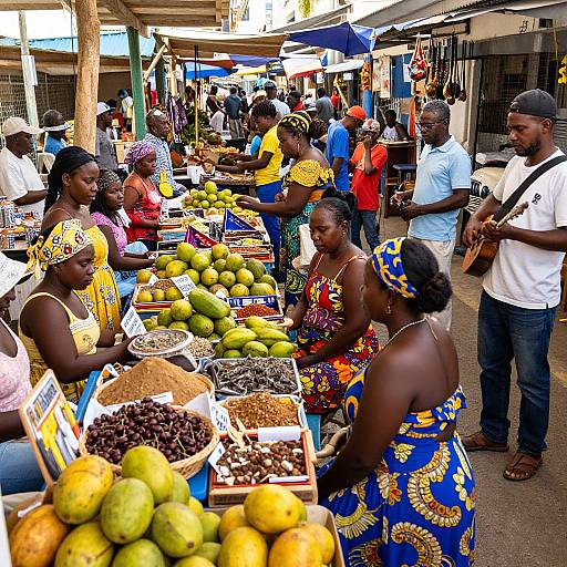 Vibrant photograph of a bustling outdoor market with diverse African vendors in colorful dresses, selling fruits and spices to customers under blue tarps. Crowded