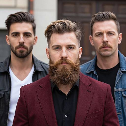 Photograph of three bearded men with styled hair; central man with red-brown beard, burgundy blazer, flanked by two in denim