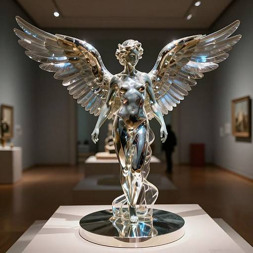 Photograph of a shiny, silver-winged angel statue with detailed feathers, standing on a circular base in a dimly lit museum gallery.