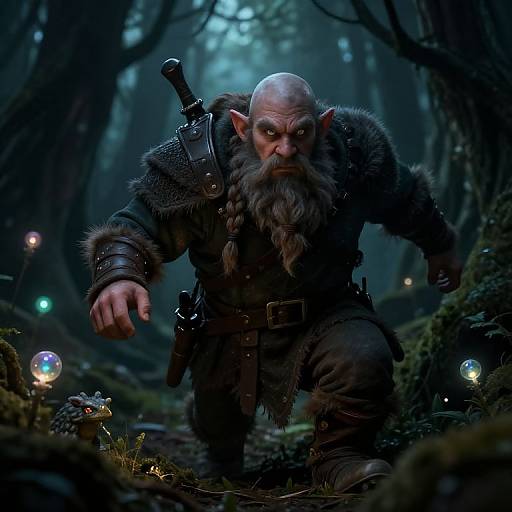 CGI fantasy image of a fierce, bald, bearded orc warrior in fur armor, with a sword sheath on his back, crouching