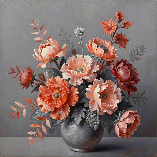 Realistic still life painting of a gray vase filled with vibrant pink, orange, and red peonies, carnations, and daisies.