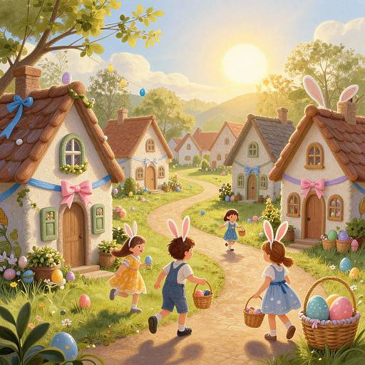 Whimsical digital illustration of three children with bunny ears, carrying baskets of Easter eggs, running down a sunlit village path lined with colorful cottages