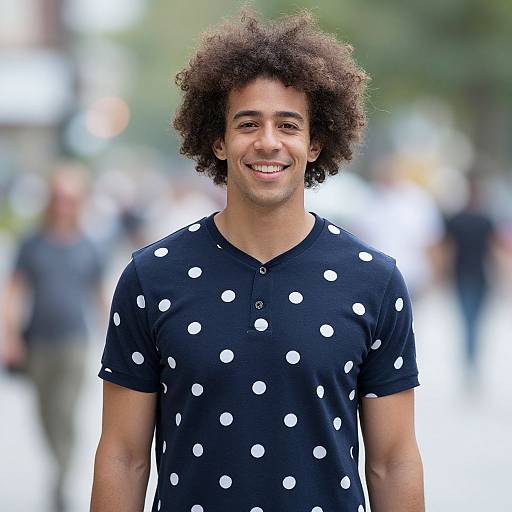 Photograph of a smiling young man with curly hair, wearing a black polka dot shirt, standing in a blurred urban background.