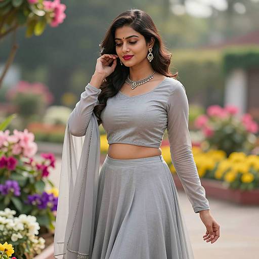 Elegant Indian Woman in Grey Lehenga