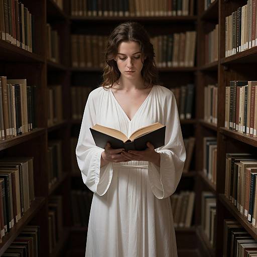 Photograph of a brunette woman with wavy hair, wearing a white, V-neck, long-sleeved dress, reading a book in a dim