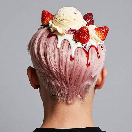 Photograph of a person with pink hair, viewed from behind, topped with a scoop of ice cream, strawberries, and dripping chocolate sauce.