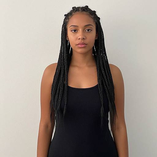 Photograph of a young Black woman with long, straightened braids, wearing a black tank top, standing against a plain white background.