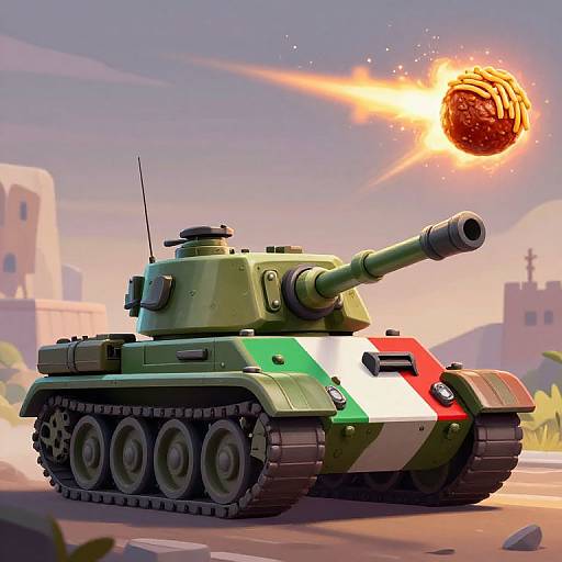 Digital art of a green tank with Italian flag stripes firing a glowing, orange explosive round in a sunlit, desert-like cityscape.