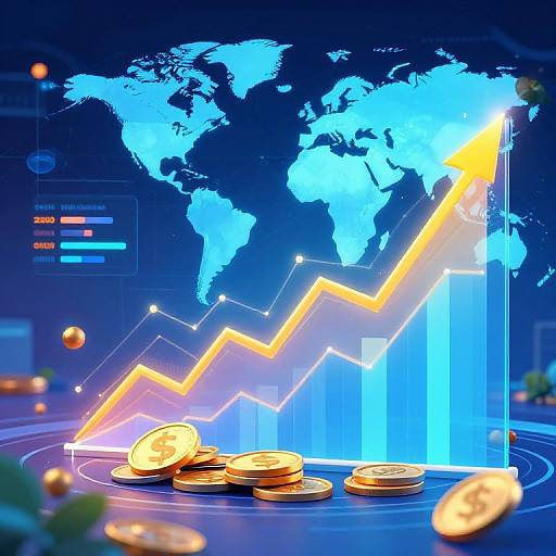 Digital illustration of a rising orange-yellow zigzag line on blue bar graphs, with glowing coins at the base, set against a blue world map background.
