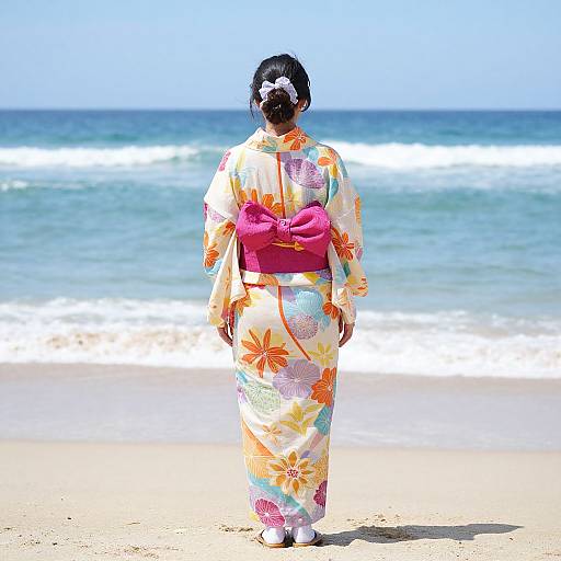 Woman in Colorful Kimono on Beach