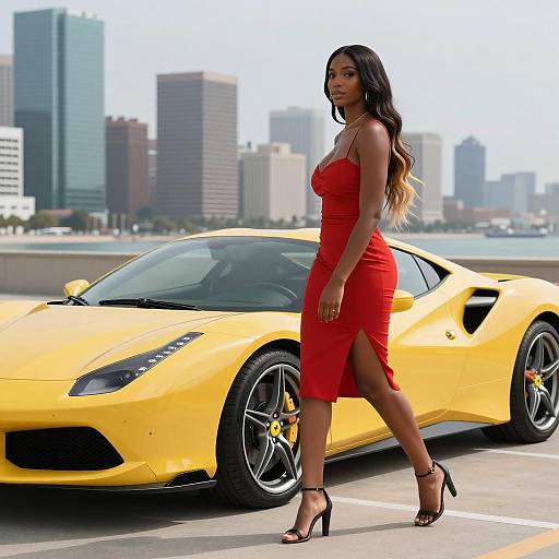 Elegant Woman Beside Yellow Sports Car