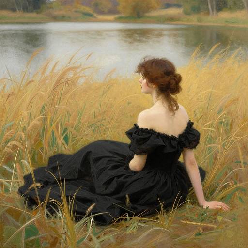 Painting of a woman in a black off-shoulder dress, seated by a serene lake, surrounded by tall golden grasses, with autumn trees
