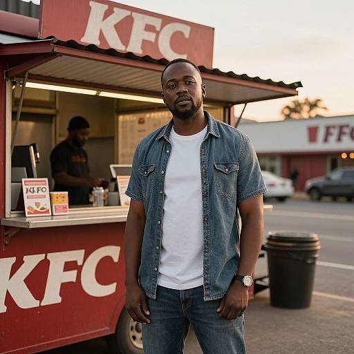 Photograph of a tall, muscular Black man with a trimmed beard, wearing a denim shirt and white t-shirt, standing in front of a red K