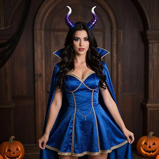 Photograph of a woman with long black hair, purple horns, wearing a blue, corset-style gown with gold trim, standing in a dark wooden
