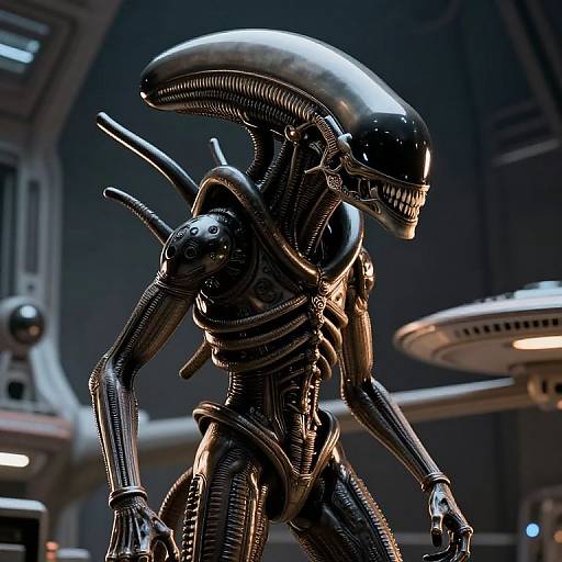 Photorealistic CGI of a sleek, black, alien creature with a glossy, elongated head, standing in a futuristic, dimly-lit spaceship