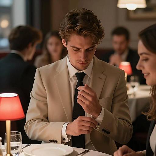 Elegant Man Adjusts Cufflinks in Restaurant