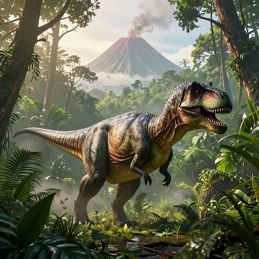Photorealistic CGI of a large, detailed dinosaur with green and brown scaly skin, sharp teeth, and a textured body standing in a lush,