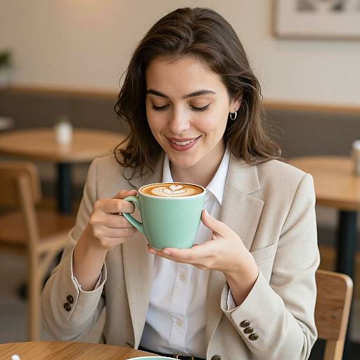 Woman Enjoying Latte in Cozy Café
