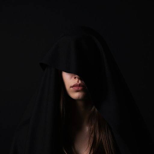 Photograph of a pale-skinned woman with long black hair, partially illuminated face, and black blindfold, against a dark background.