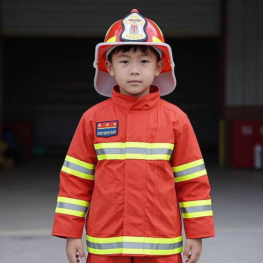 Photograph of a young Asian boy in a bright red firefighter uniform with yellow stripes and a white helmet, standing in front of a dark garage.