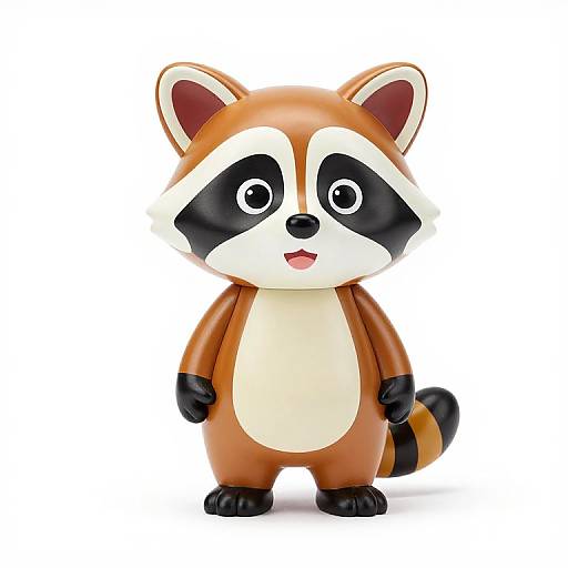 Cute CGI cartoon raccoon with large black eyes, brown and white fur, black mask, and striped tail, standing on white background.