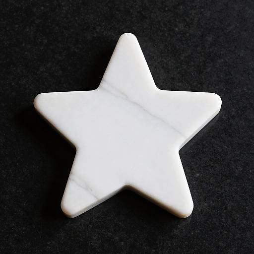 Photograph of a white, five-pointed star-shaped marble resting on a black textured background, contrasting sharply in color and shape.