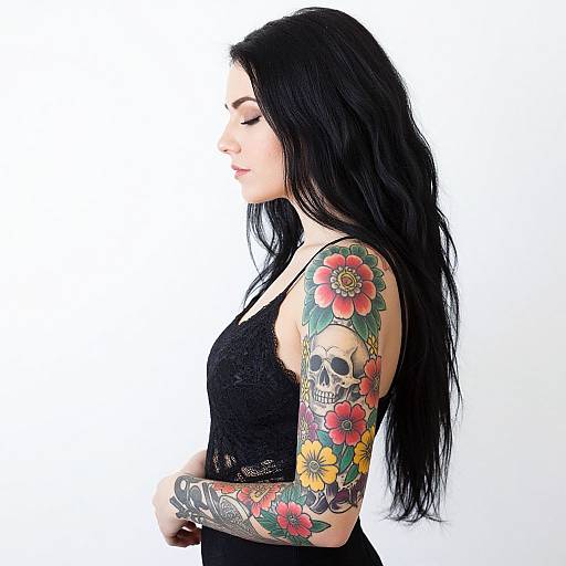 Photograph of a white woman with long black hair, wearing a black lace tank top, showcasing colorful floral and skull tattoos on her right arm, against