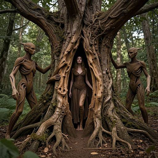Photograph of a forest scene with a woman in a brown dress, framed by two humanoid tree creatures, emerging from a large, twisted tree.