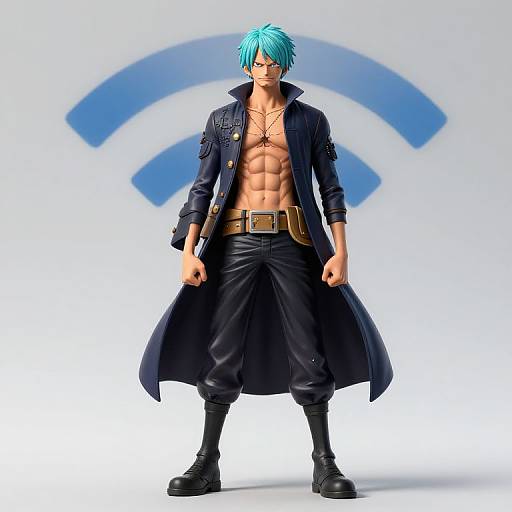 Digital illustration of a muscular, blue-haired man with tan skin, wearing an open black coat, black pants, and boots, standing against a white background