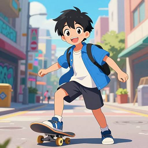 Anime-style digital drawing of a cheerful young boy with black hair, blue shirt, black shorts, and blue sneakers, skateboarding on a sunny urban street
