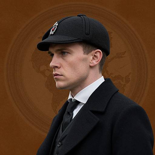 Photograph of a serious, fair-skinned young man in a black flat cap, suit, and tie, with a brown, world-map-patterned