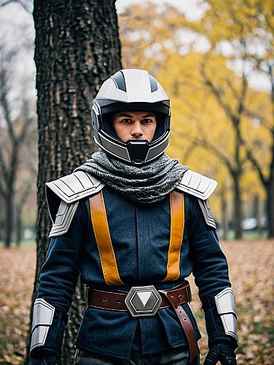 Boy in Raiden-Inspired Costume with Helmet Outdoors