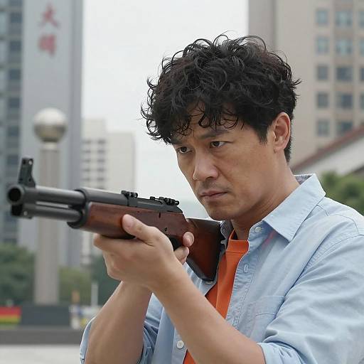 Urban Asian Man with Rifle in Action