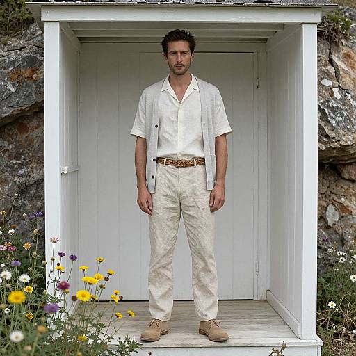 Photograph of a handsome man with dark hair and beard, wearing a white shirt, cream pants, brown belt, and tan shoes, standing in a