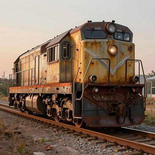 Photograph of a weathered, yellow-and-black diesel locomotive on railway tracks during sunset, with rust accents and a slightly overcast sky.