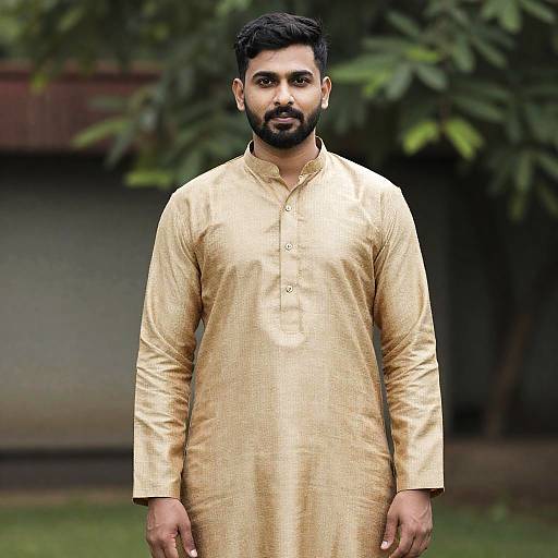 Man in Tan Kurta by Garden