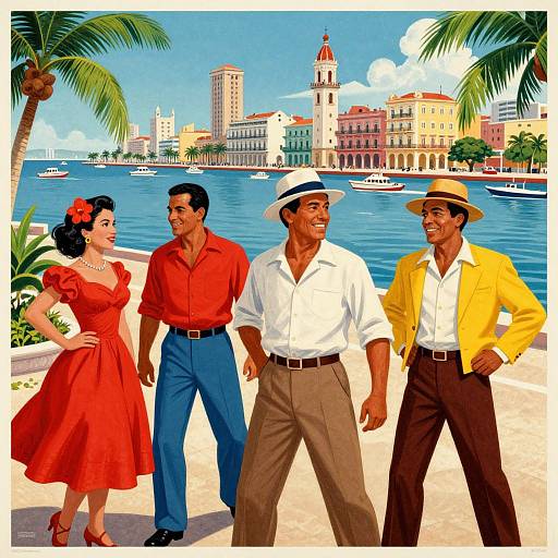 Colorful retro illustration of four people standing on a beach with a vibrant cityscape and blue water in the background. The group includes a woman in a