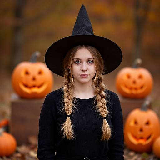 Young woman with braided blonde hair, black witch hat, and long-sleeve black shirt, standing in front of blurred carved pumpkins in an