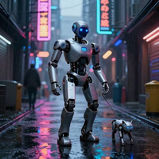 CGI image of a silver, humanoid robot with a blue-lit face, standing on a rain-soaked, neon-lit city street, holding