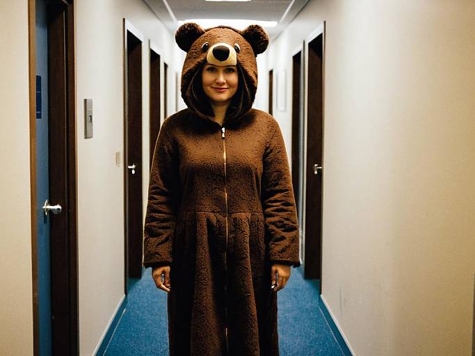 Photograph of a woman in a brown bear costume with bear ears and nose, standing in a brightly lit, blue-carpeted hallway.